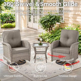 3-Piece Outdoor Patio Furniture Set with Two Swivel Rocker Chairs and Rattan Side Table, Wicker Glider Seating for Deck, Porch or Poolside, Brown and Blue