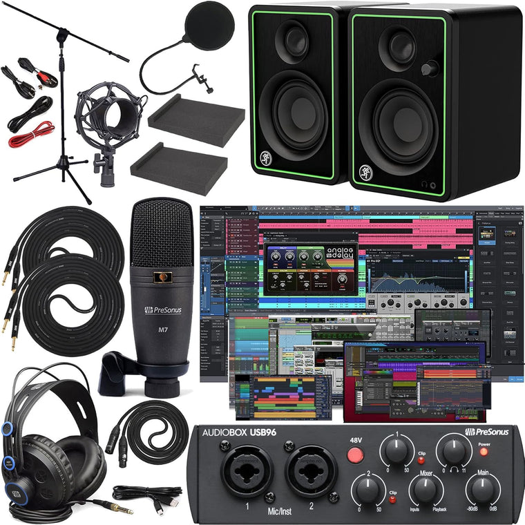 PreSonus AudioBox 96 Recording Studio Bundle with Creative Software Kit, CR5-X Pair Monitors, Isolation Pads, Studio Bundle and 1/4 Cables