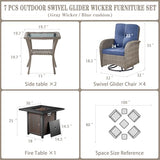 3-Piece Outdoor Patio Furniture Set with Two Swivel Rocker Chairs and Rattan Side Table, Wicker Glider Seating for Deck, Porch or Poolside, Brown and Blue