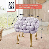 Retro Green Upholstered Ottoman Bench with Golden Legs, 16 x 16 x 16, Fluffy Accent Seat and Shoe Stool for Entryway, Bedroom, Living Room, or Vanity
