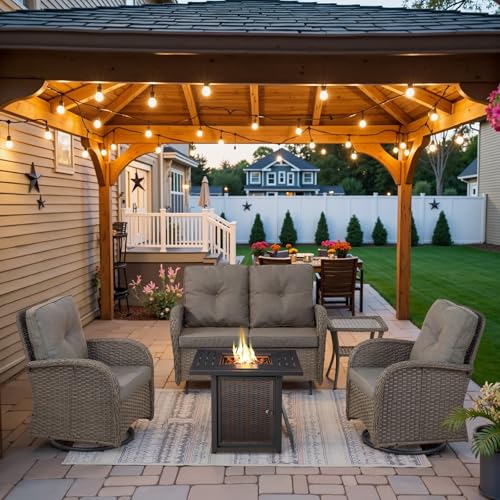 3-Piece Outdoor Patio Furniture Set with Two Swivel Rocker Chairs and Rattan Side Table, Wicker Glider Seating for Deck, Porch or Poolside, Brown and Blue