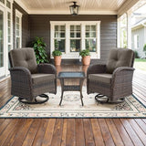 3-Piece Outdoor Patio Furniture Set with Two Swivel Rocker Chairs and Rattan Side Table, Wicker Glider Seating for Deck, Porch or Poolside, Brown and Blue
