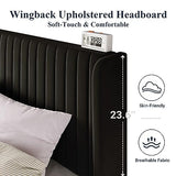 Allewie Queen Velvet Platform Bed with Vertical Channel-Tufted Wingback Headboard, Strong Wooden Slats, No Box Spring Required, Easy Assembly, Black