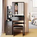 CIATRE Black Vanity and Bedside Cabinet Set with Cushioned Stool, Extra-Large Right Sliding Mirror, and Multi-Layer Storage