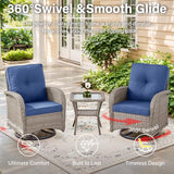3-Piece Outdoor Patio Furniture Set with Two Swivel Rocker Chairs and Rattan Side Table, Wicker Glider Seating for Deck, Porch or Poolside, Brown and Blue