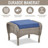 3-Piece Outdoor Patio Furniture Set with Two Swivel Rocker Chairs and Rattan Side Table, Wicker Glider Seating for Deck, Porch or Poolside, Brown and Blue