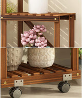 5-Tier Wooden Plant Display Shelf with Wheels, Carbonized Potted Rack for Indoor or Outdoor Garden Storage and Decor