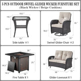 3-Piece Outdoor Patio Furniture Set with Two Swivel Rocker Chairs and Rattan Side Table, Wicker Glider Seating for Deck, Porch or Poolside, Brown and Blue