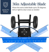36in Galvanized Heavy-Duty Snow Pusher with 2 Wheels, Adjustable Handle & Blade Angle for Snow Removal, Black