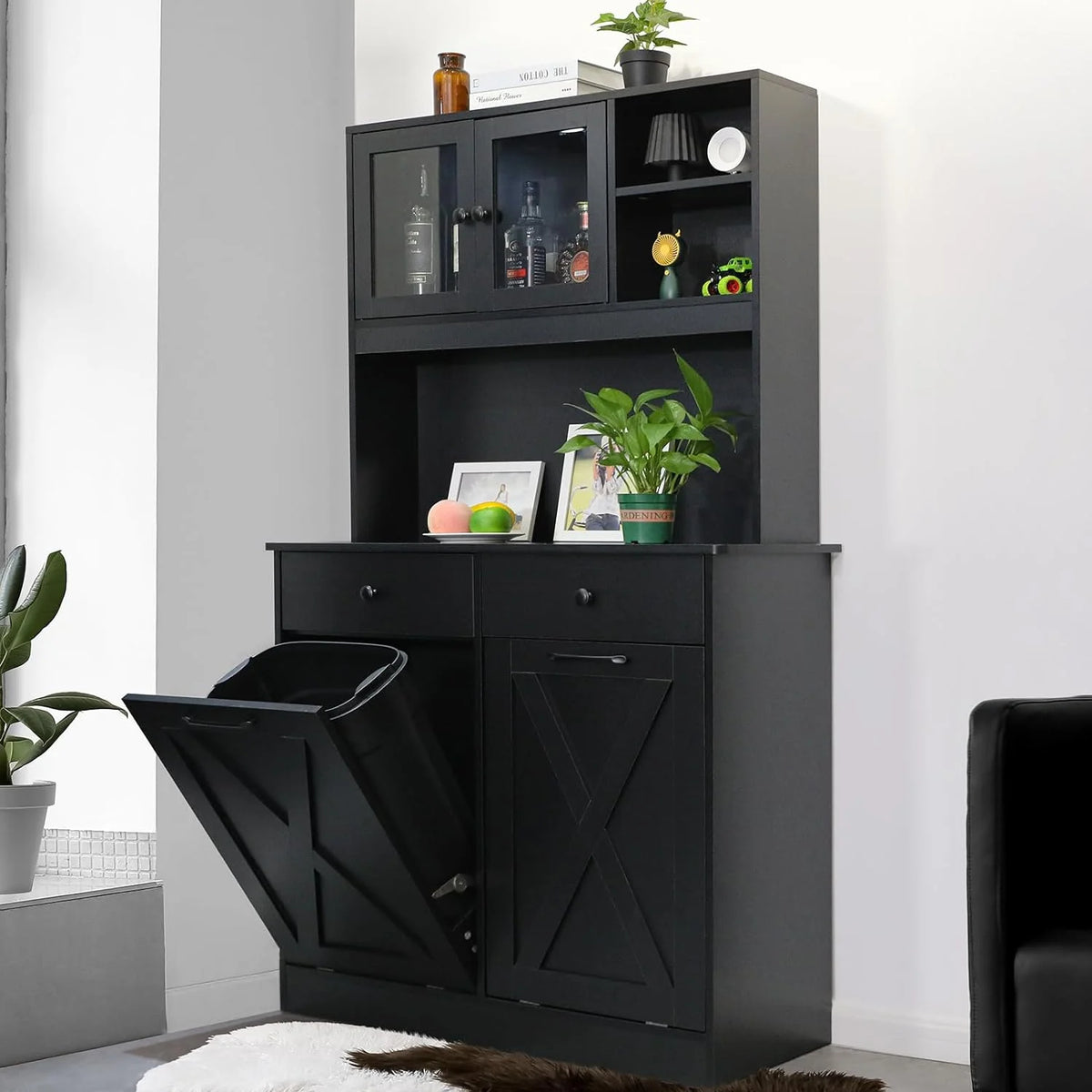 Arlopu Freestanding Kitchen Pantry Cabinet with Double Tilt-Out Trash and Recycling Bins, Drawers, and Shelves