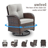 3-Piece Outdoor Patio Furniture Set with Two Swivel Rocker Chairs and Rattan Side Table, Wicker Glider Seating for Deck, Porch or Poolside, Brown and Blue
