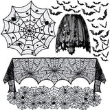 80-Piece Halloween Decor Set with 3D Bats, Spiderweb Fireplace Mantel Scarf, Round Spider Table Cover, Lace Runner and Cobweb Lampshade