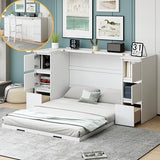 Twin Wall Bed with Wood Cabinet Frame, Charging Station, Outlet, USB Ports and Storage Drawers, Space-Saving Murphy Bed for Home Office or Studio, White