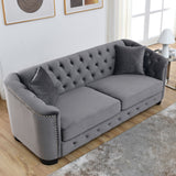 77-Inch Velvet Chesterfield Sofa with Tufted Backrests, Nailhead Arms and 2 Cushions, 3-Seater Living Room Furniture in Grey