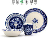 Euro Ceramica Blue Garden 16-Piece Stoneware Dinnerware Set, Oven Safe and Hand Painted, Service for 4, White and Blue Floral Vase Design