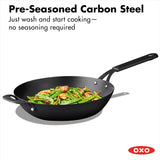 OXO Obsidian 12-Inch Carbon Steel Wok Pan, Pre-Seasoned with Removable Silicone Handle Holder, Induction and Oven Safe, Black