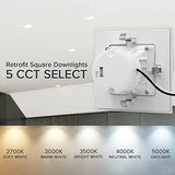 Maxxima 4-Inch Square LED Retrofit Downlight with 800 Lumens, 90 CRI, Dimming and Selectable 2700K-5000K Color Temperature for Kitchen, Bathroom or Bedroom
