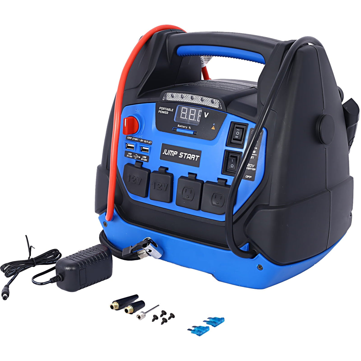 1800-Amp Rechargeable Jump Starter for Gas and Diesel Vehicles with Air Compressor, AC, 12V DC and USB Power Station