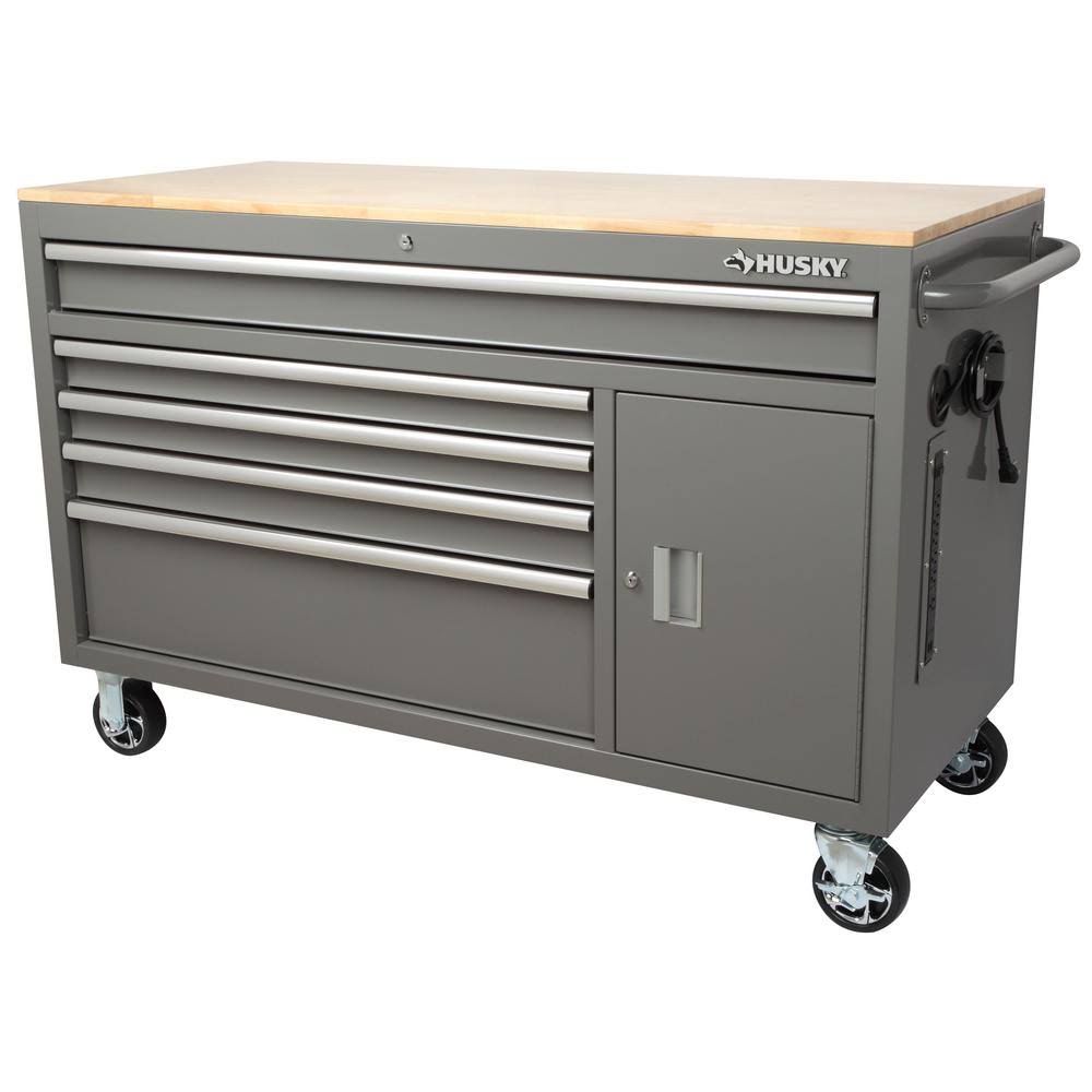 Husky Mobile Workbench with Hardwood Top, 56 in. W 5-Drawer and 1-Door Deep Tool Chest in Gloss Gray