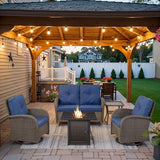 3-Piece Outdoor Patio Furniture Set with Two Swivel Rocker Chairs and Rattan Side Table, Wicker Glider Seating for Deck, Porch or Poolside, Brown and Blue