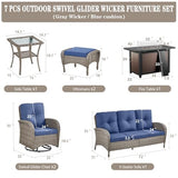 3-Piece Outdoor Patio Furniture Set with Two Swivel Rocker Chairs and Rattan Side Table, Wicker Glider Seating for Deck, Porch or Poolside, Brown and Blue