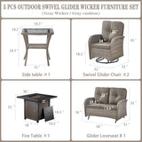 3-Piece Outdoor Patio Furniture Set with Two Swivel Rocker Chairs and Rattan Side Table, Wicker Glider Seating for Deck, Porch or Poolside, Brown and Blue