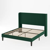 Allewie Queen Velvet Platform Bed with Vertical Channel-Tufted Wingback Headboard, Strong Wooden Slats, No Box Spring Required, Easy Assembly, Black