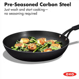 OXO Obsidian 12-Inch Carbon Steel Wok Pan, Pre-Seasoned with Removable Silicone Handle Holder, Induction and Oven Safe, Black