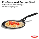 OXO Obsidian 12-Inch Carbon Steel Wok Pan, Pre-Seasoned with Removable Silicone Handle Holder, Induction and Oven Safe, Black