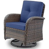 3-Piece Outdoor Patio Furniture Set with Two Swivel Rocker Chairs and Rattan Side Table, Wicker Glider Seating for Deck, Porch or Poolside, Brown and Blue