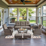3-Piece Outdoor Patio Furniture Set with Two Swivel Rocker Chairs and Rattan Side Table, Wicker Glider Seating for Deck, Porch or Poolside, Brown and Blue