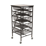 Origami Black Kitchen Storage Cart with Folding Steel Frame, Wheeled 5-Drawer Mesh Design and Wood Top