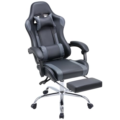 DUMOS Grey Ergonomic Gaming Chair for Adults, PU Leather Recliner with Footrest, Lumbar Support and Headrest, Featuring Fixed Armrests, Height Adjustment and 360° Swivel