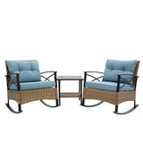 3-Piece Blue Wicker Rocking Bistro Set with Cushioned Rattan Rocker Chairs and Side Table for Patio, Garden, Yard, Porch, or Balcony