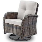 3-Piece Outdoor Patio Furniture Set with Two Swivel Rocker Chairs and Rattan Side Table, Wicker Glider Seating for Deck, Porch or Poolside, Brown and Blue