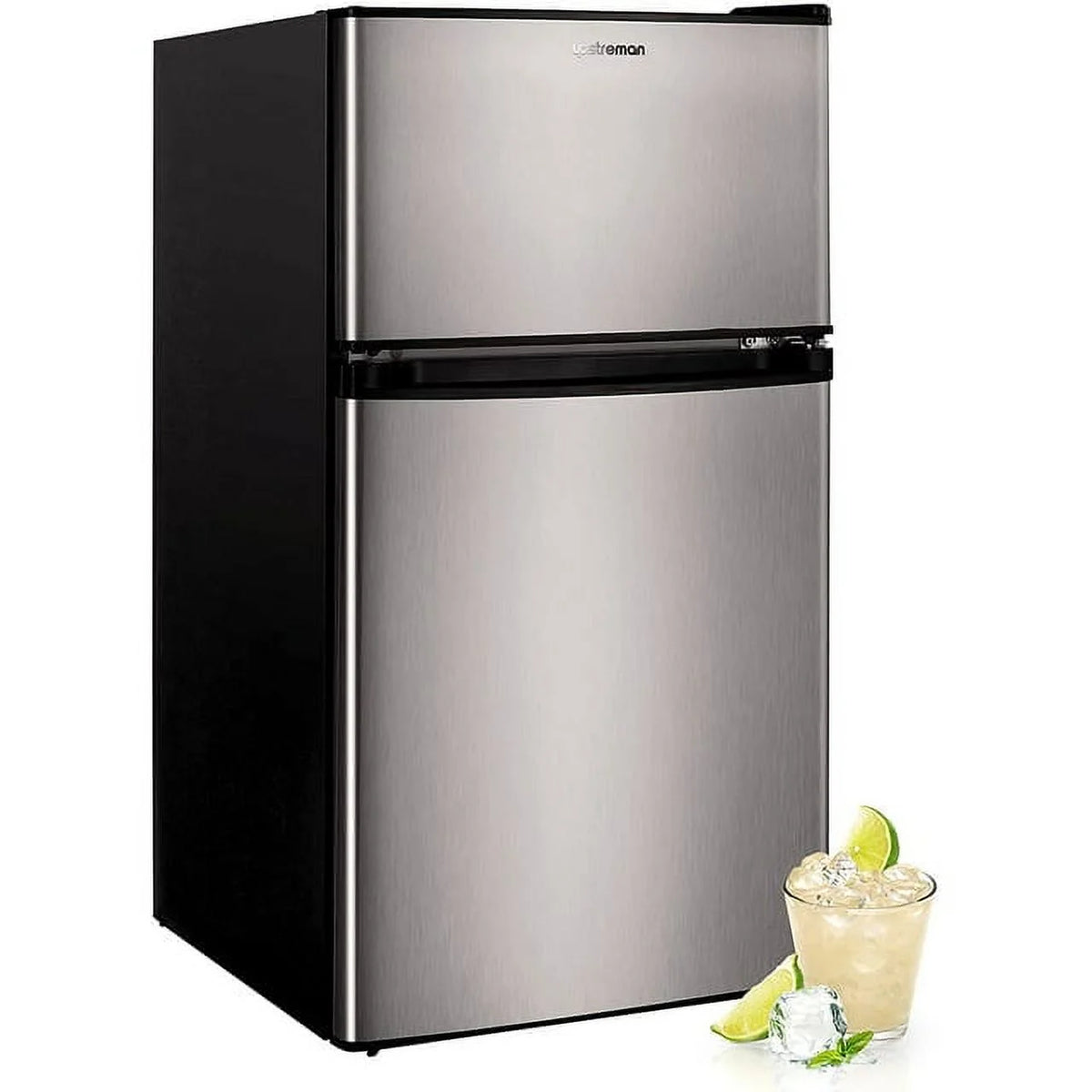 Upstreman 3.2 Cu. Ft. Double-Door Mini Refrigerator with Freezer, Classic Stainless Finish