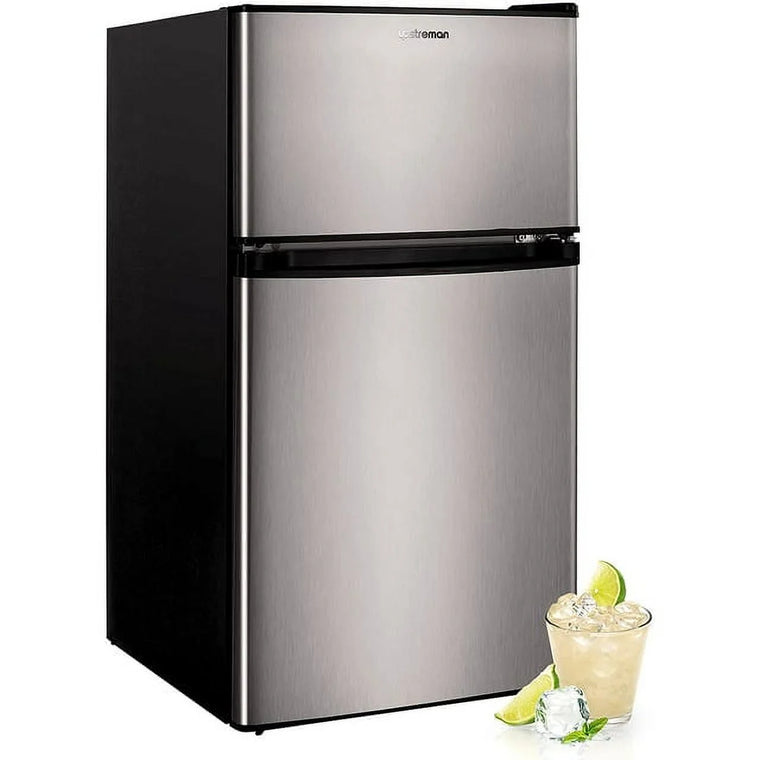 Upstreman 3.2 Cu. Ft. Double-Door Mini Refrigerator with Freezer, Classic Stainless Finish