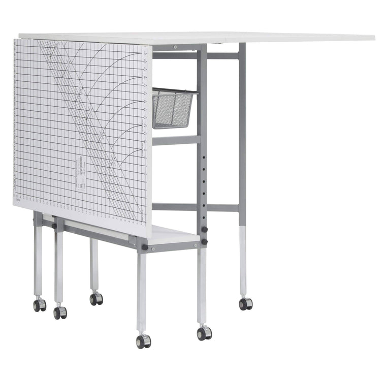 Sew Ready Mobile Folding Cutting Table with Adjustable Height, Quilting Grid, Sewing Board, and Storage, Silver/White