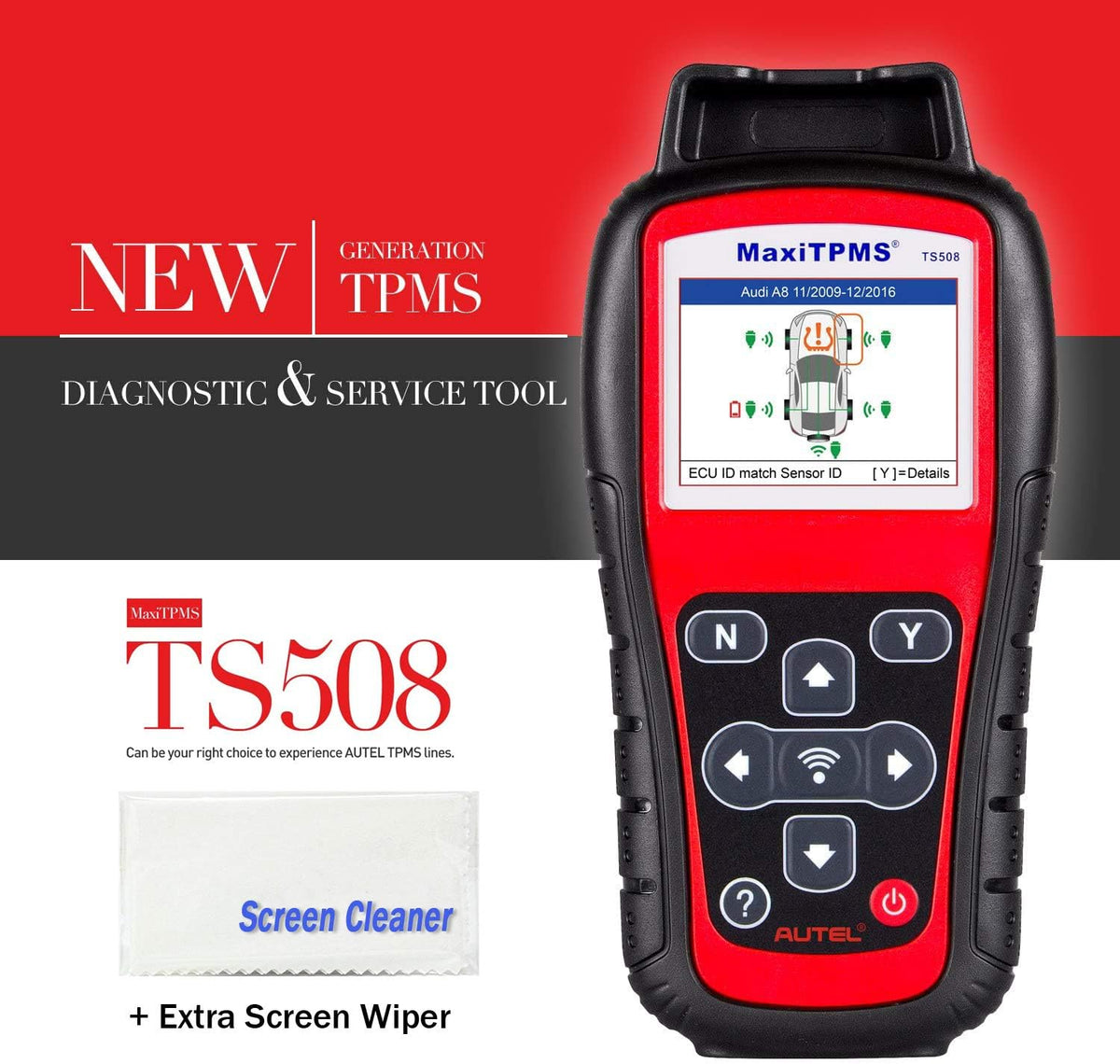 Autel MaxiTPMS TS508 TPMS Programming and Reset Tool with Free Screen Wiper, Sensor Activation, OBD Relearn, Key Fob Testing and Tire Type/Pressure Selection