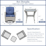 3-Piece Outdoor Patio Furniture Set with Two Swivel Rocker Chairs and Rattan Side Table, Wicker Glider Seating for Deck, Porch or Poolside, Brown and Blue