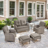 3-Piece Outdoor Patio Furniture Set with Two Swivel Rocker Chairs and Rattan Side Table, Wicker Glider Seating for Deck, Porch or Poolside, Brown and Blue