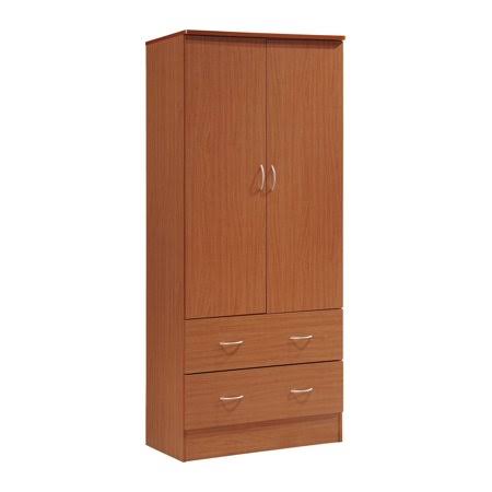 Hodedah Cherry Red Two-Door Wardrobe with Two Drawers and Hanging Rod