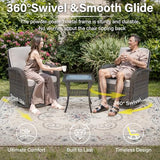 3-Piece Outdoor Patio Furniture Set with Two Swivel Rocker Chairs and Rattan Side Table, Wicker Glider Seating for Deck, Porch or Poolside, Brown and Blue