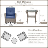 3-Piece Outdoor Patio Furniture Set with Two Swivel Rocker Chairs and Rattan Side Table, Wicker Glider Seating for Deck, Porch or Poolside, Brown and Blue