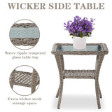 3-Piece Outdoor Patio Furniture Set with Two Swivel Rocker Chairs and Rattan Side Table, Wicker Glider Seating for Deck, Porch or Poolside, Brown and Blue