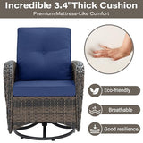 3-Piece Outdoor Patio Furniture Set with Two Swivel Rocker Chairs and Rattan Side Table, Wicker Glider Seating for Deck, Porch or Poolside, Brown and Blue