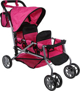 Mommy & Me 9668A Triplet Doll Pram with Back-to-Back Seating, Swiveling Wheels and Carriage Bag