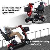 Red 4-Wheel Portable Mobility Scooter with Extended-Range Battery, Front and Rear Lights, and Basket