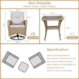 3-Piece Outdoor Patio Furniture Set with Two Swivel Rocker Chairs and Rattan Side Table, Wicker Glider Seating for Deck, Porch or Poolside, Brown and Blue