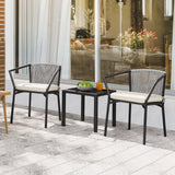 Dextrus 3-Piece Outdoor Bistro Set with Wicker Side Table, Two Stackable Chairs and Cushions, Patio Conversation Furniture, White
